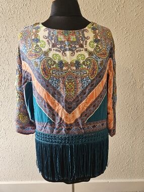Flying Tomato Teal and Orange Paisley Fringe Blouse